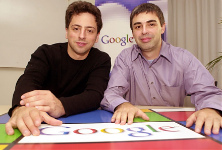 Stanford computer science overlords Larry Page and Sergey Brin design Google as an Internet search company.