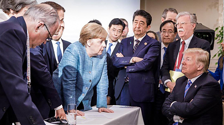 The finance ministers of Britain, Canada, France, Germany, Italy, and Japan team up against U.S. President Trump at the G7 forum.