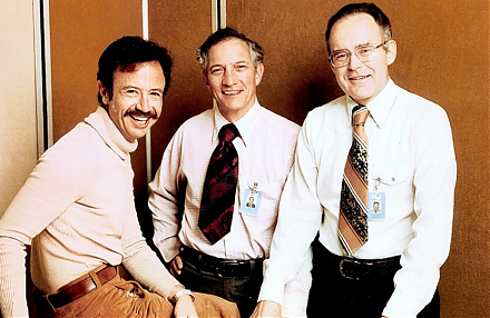 The Intel trinity of Robert Noyce, Gordon Moore, and Andy Grove establishes the primary semiconductor tech titan in Silicon Valley.