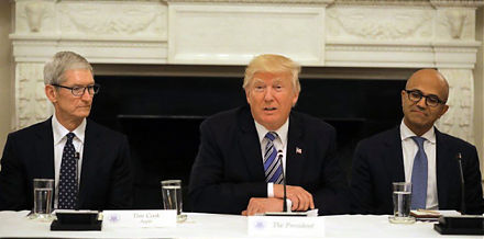 President Trump meets the CEOs of tech titans such as Apple, Microsoft, Google, and Amazon.